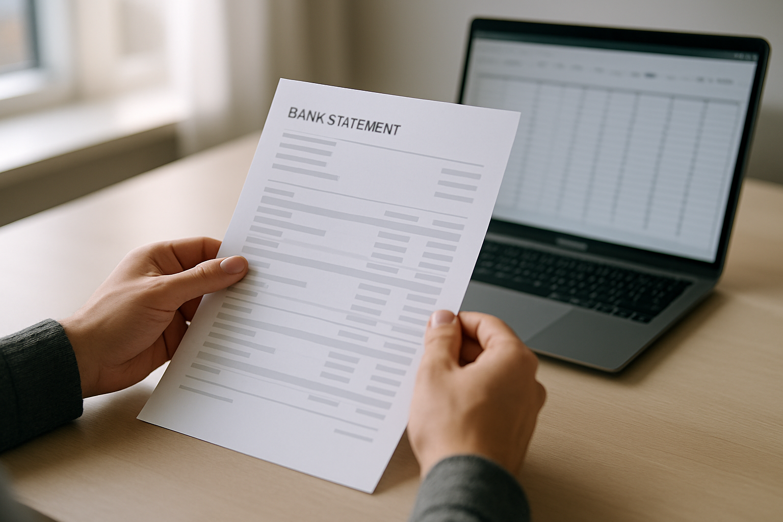 Hands holding a printed bank statement over a desk with a laptop displaying a spreadsheet in the background.